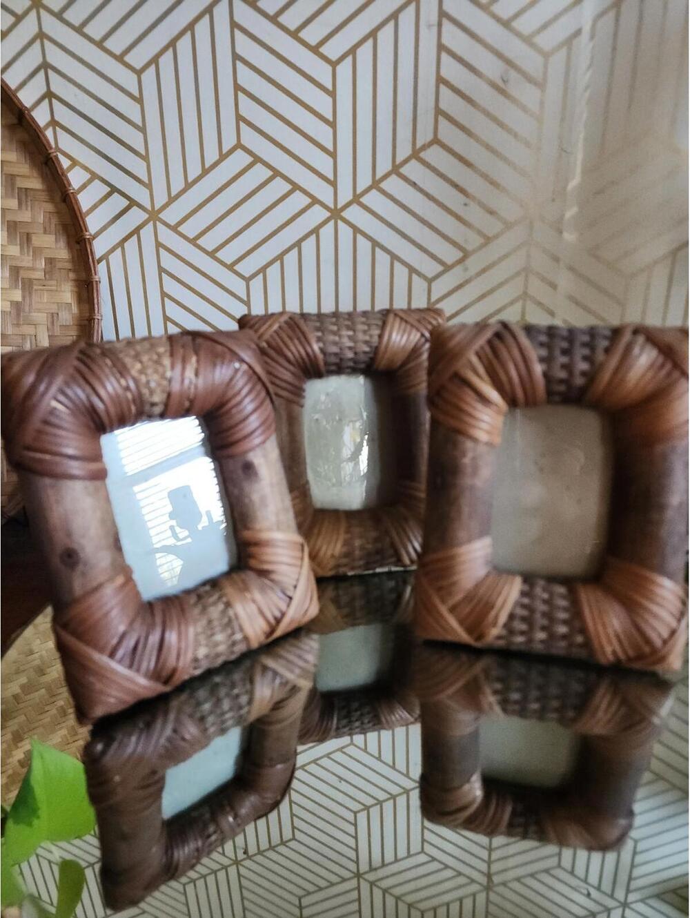 Vintage Set Of 3 Wicker And Bamboo Bohemian Photo Frames Tropical Decor 4x5